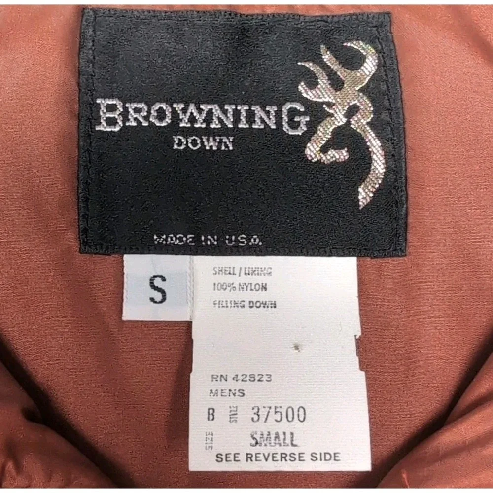 Vtg Browning Down Vest Mens Size Small Brown Puffer Hunting Washable Made in USA